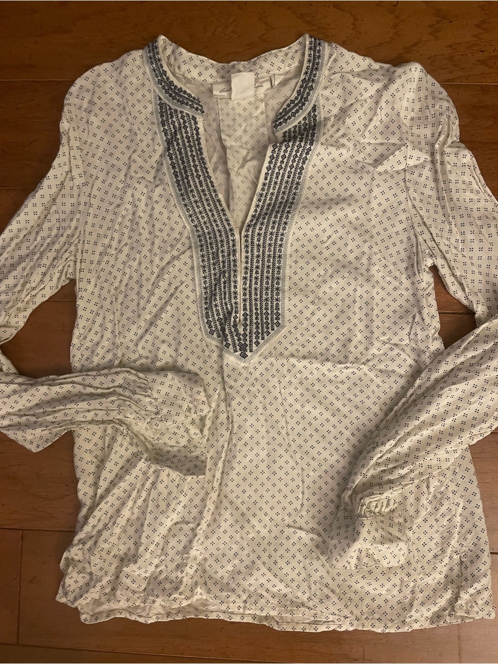 L.O.G.G. Cream and Navy Embroidered V-Neck Women's Top
